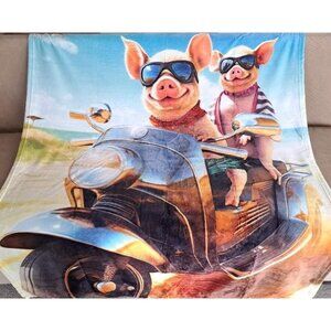New Pigs on Moped Plush Throw Blanket Gift Motorcycle Pig Oink Beach Bacon Soft